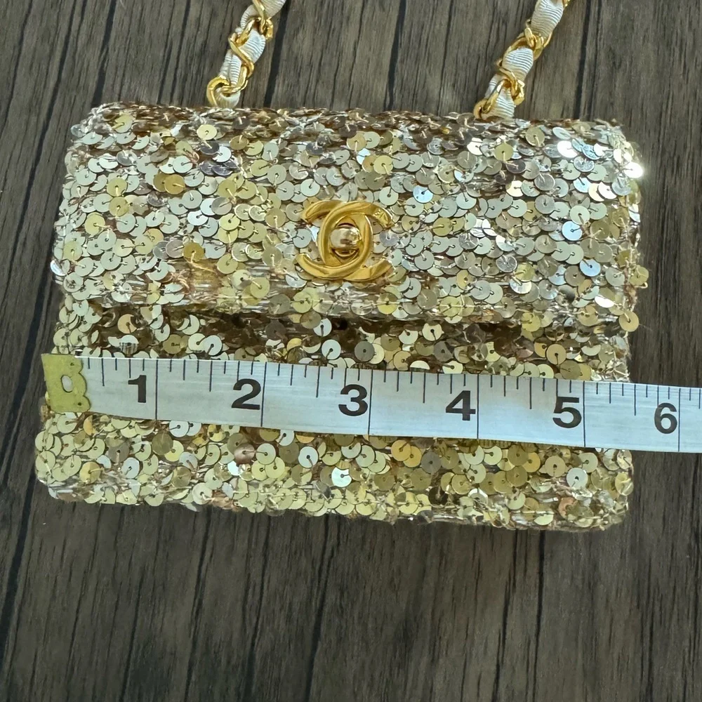 Vintage Chanel Micro Half Flap bag in gold sequin, ribbed satin, gold hardware